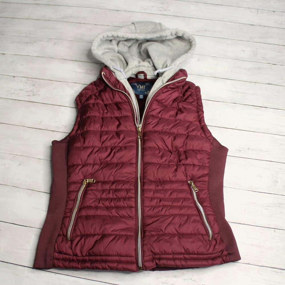 YMI Women's Sleeveless Puffer Jacket Vest Size M Faux Fur Lining Hooded